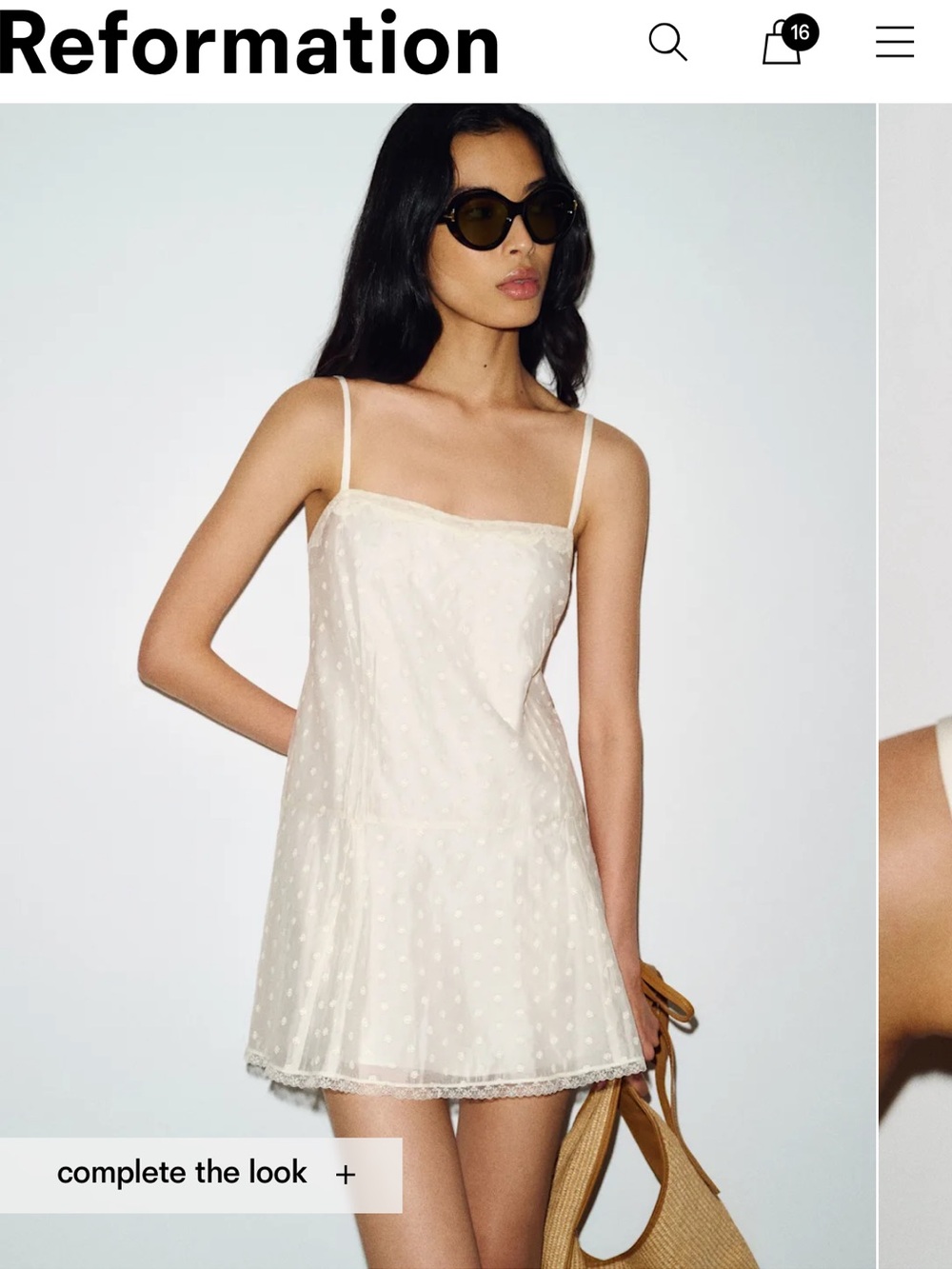 Reformation Ivory Swiss Dot Mini Slip Dress with Lace Trim